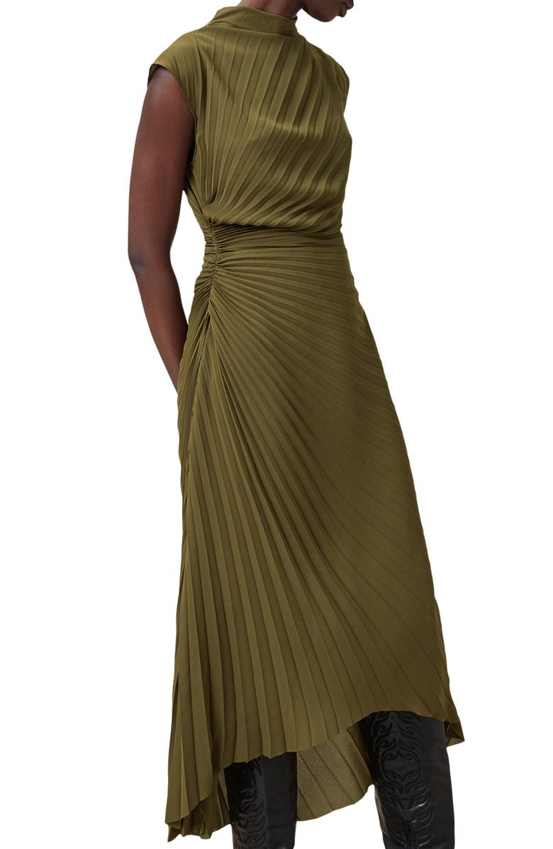 AllSaints Rayanna Pleated Cap Sleeve Dress, Alternate, color, Fango Green