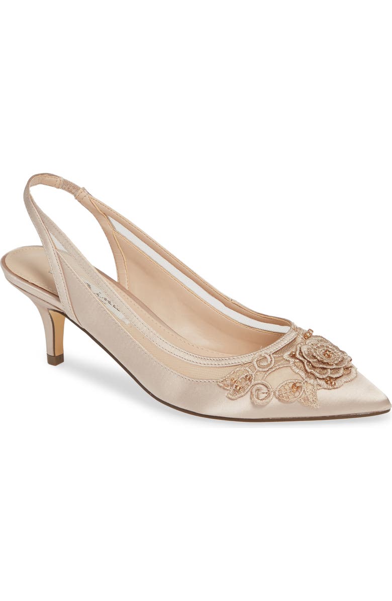 Nina Taela Floral Embellished Slingback Pump, Main, color, Champagne Satin