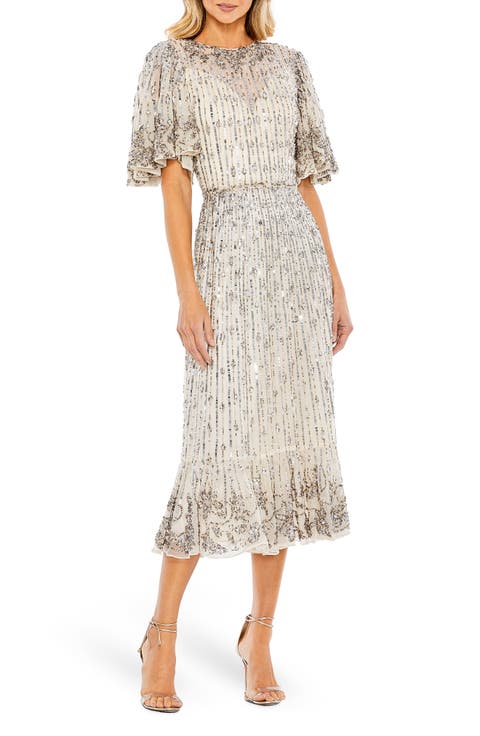 Embellished Flounce Sleeve Midi Dress