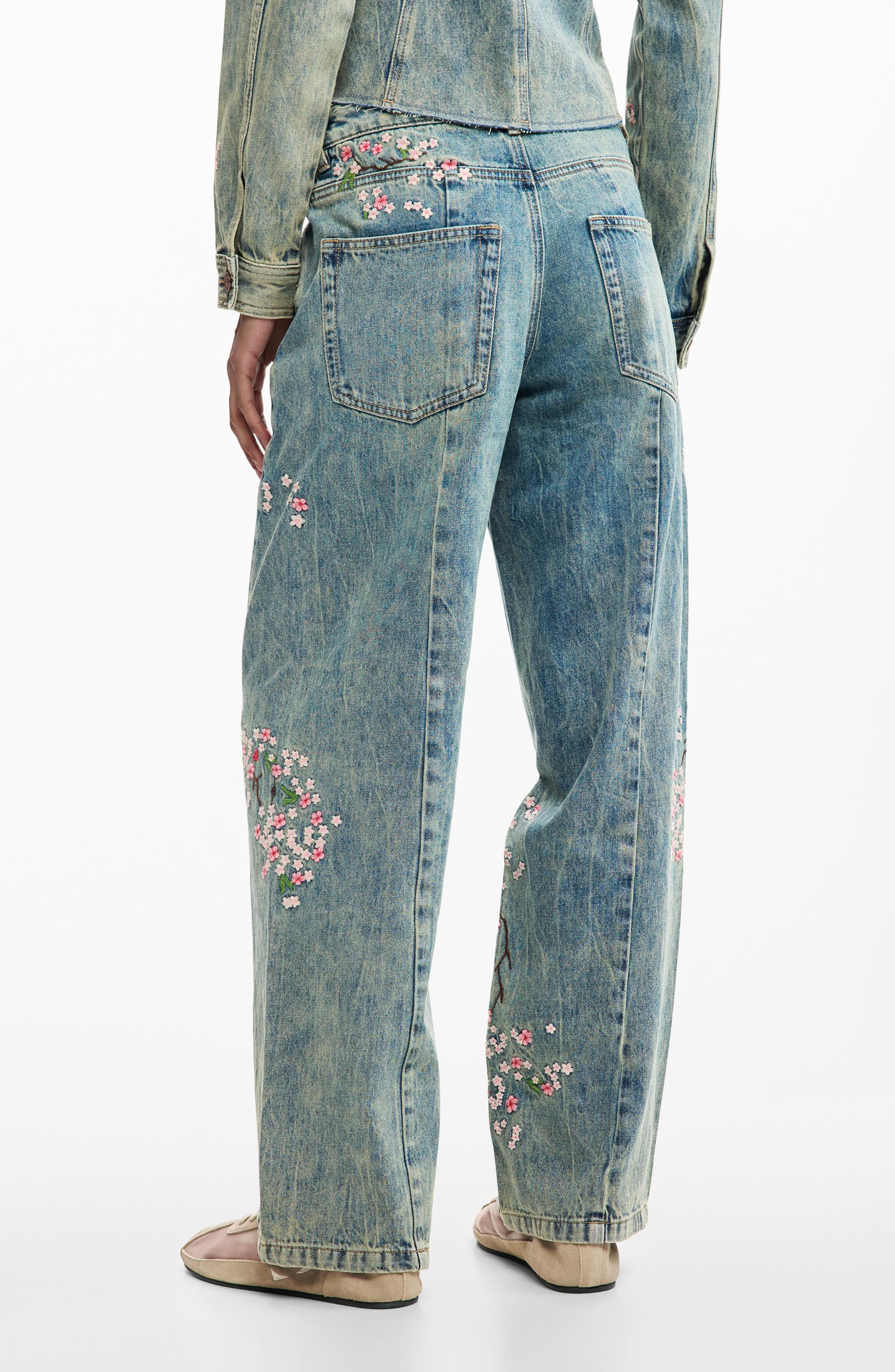 Floral Embroidery Straight Leg Jeans - image 2