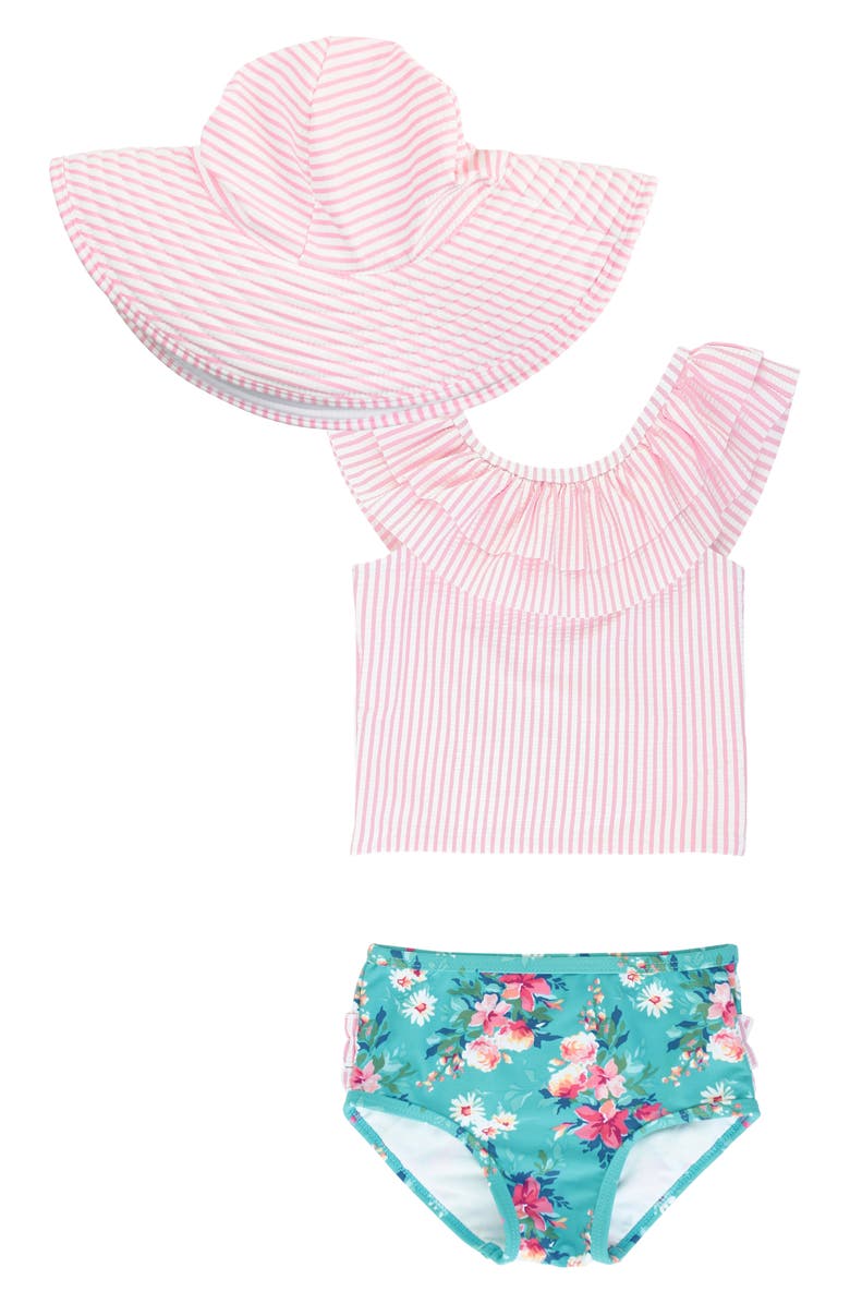 RuffleButts Fancy Frill Two-Piece Swimsuit & Floppy Hat Set, Main, color,