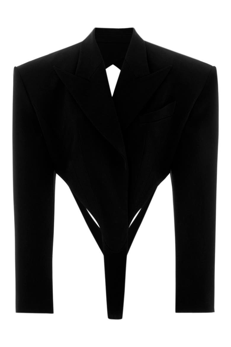 Cutout Wool Gabardine Blazer Bodysuit, Alternate, color, BLACK