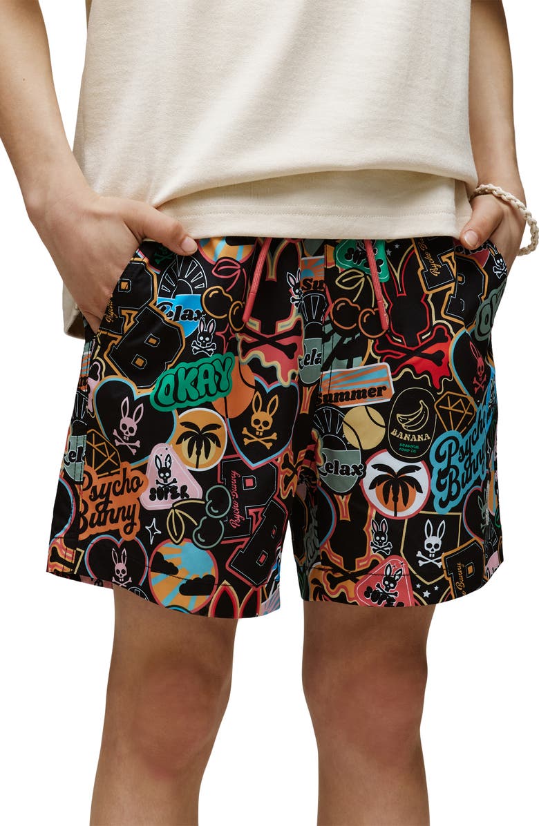 Psycho Bunny Kids' Marco Print Swim Trunks, Alternate, color, Black
