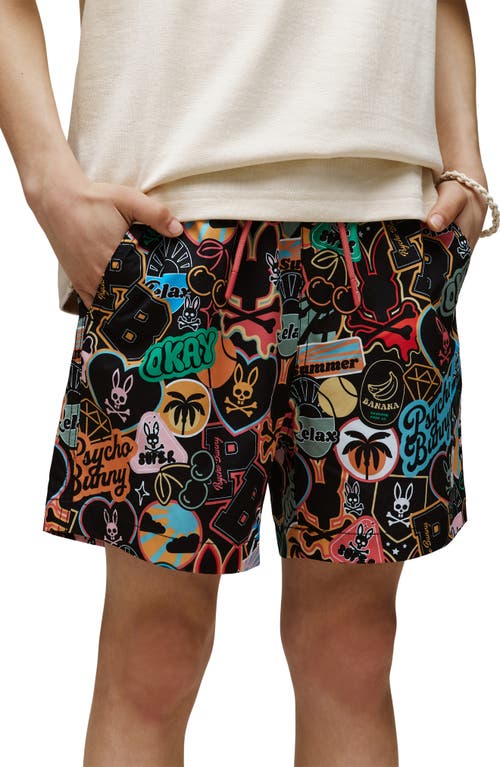 Psycho Bunny Kids' Marco Print Swim Trunks In Black