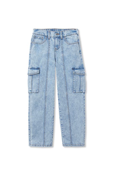 Girls Denim Cargo Wide Leg Jeans