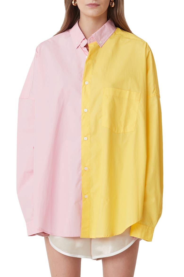 Henrietta Two-Tone Cotton Button-Up Shirt, Main, color, YELLOW PINK