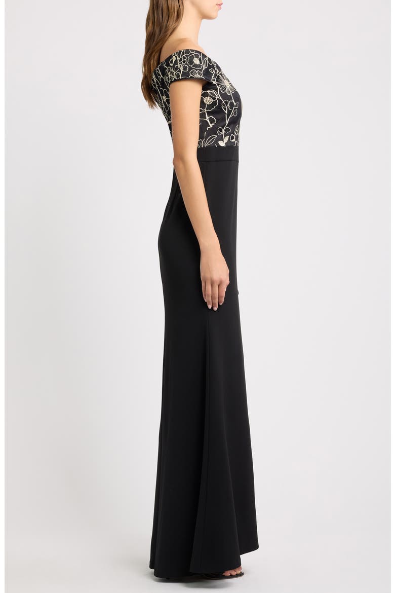 Floral Embroidered Off the Shoulder Trumpet Gown, Alternate, color, BLACK