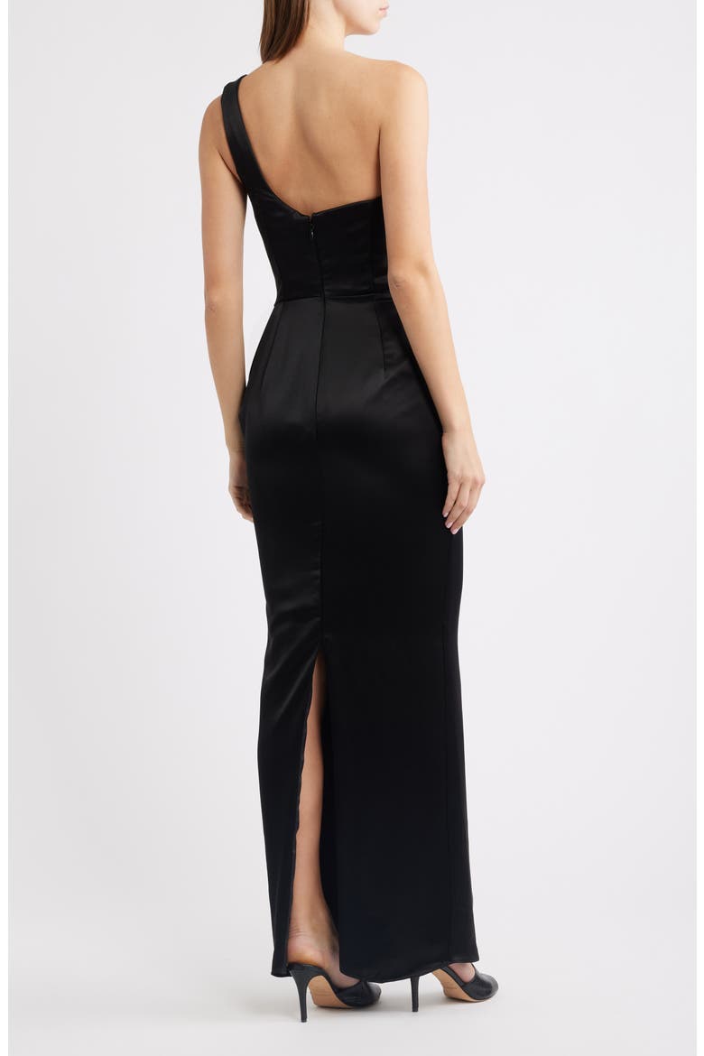 Caprice One-Shoulder Satin Gown, Alternate, color, BLACK