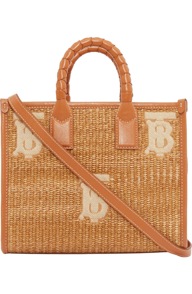 Burberry Mini Freya TB Monogram Raffia Tote, Alternate, color,
