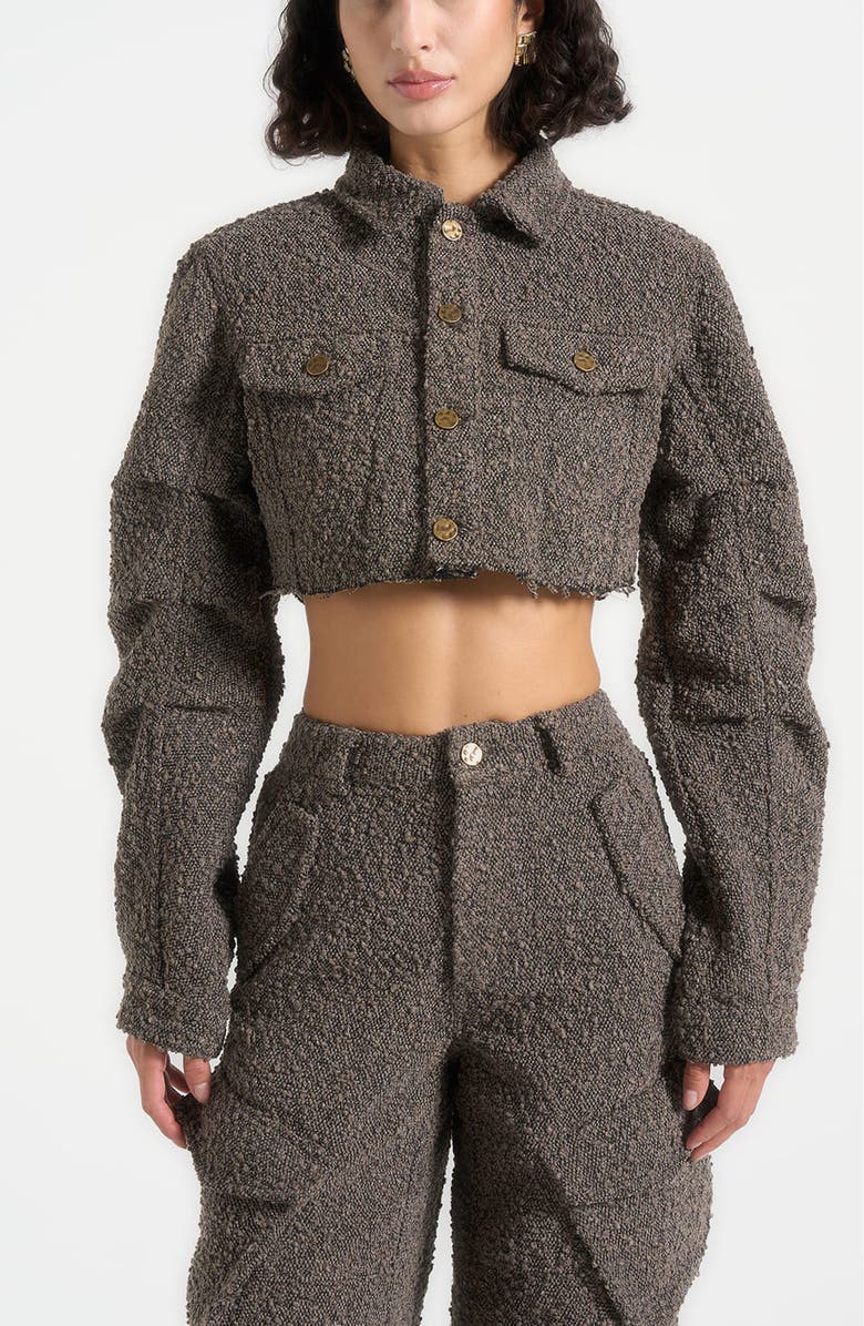 Manière De Voir Catherine Cropped Boucle Denim Jacket, Alternate, color, Brown
