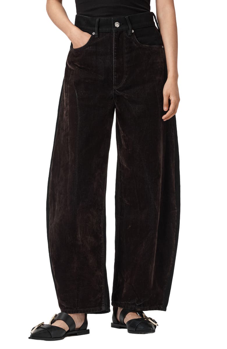AllSaints Helena Flocked Barrel Leg Jeans, Main, color, Cocoa Brown