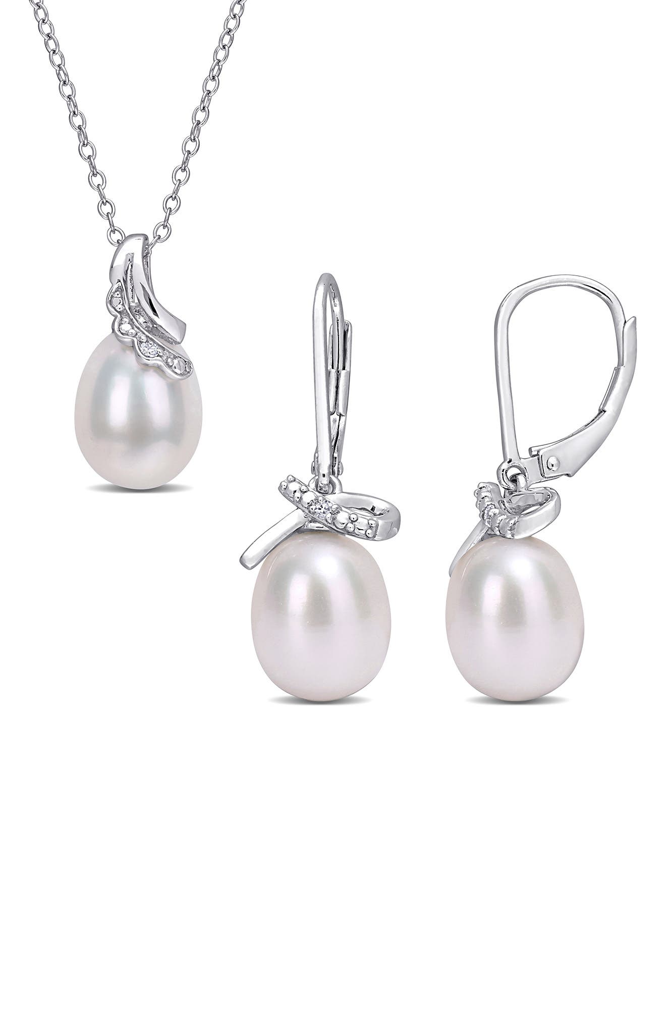 DELMAR Sterling Silver, Diamond, & 7.5-8mm & 8.5-9mm Cultured Freshwater Pearl Earrings & Necklace Set - 0.03 ctw