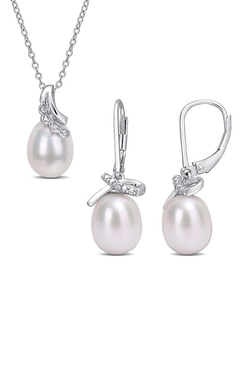 DELMAR Sterling Silver, Diamond, & 7.5-8mm & 8.5-9mm Cultured Freshwater Pearl Earrings & Necklace Set - 0.03 ctw, Main, color, White