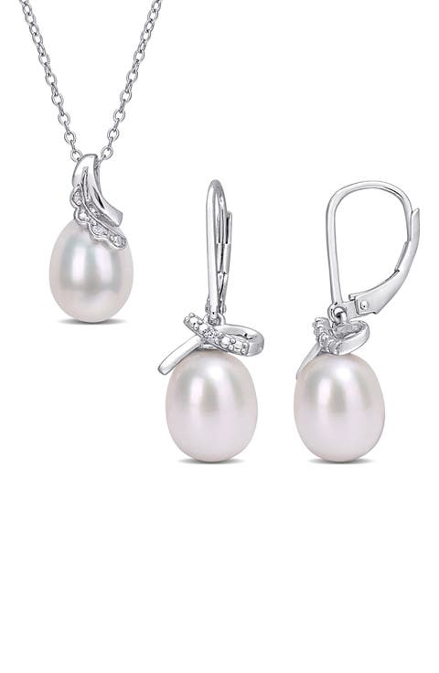 Sterling Silver, Diamond, & 7.5-8mm & 8.5-9mm Cultured Freshwater Pearl Earrings & Necklace Set - 0.03 ctw