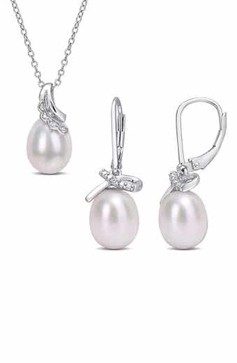DELMAR Sterling Silver, Diamond, & 7.5-8mm & 8.5-9mm Cultured Freshwater Pearl Earrings & Necklace Set - 0.03 ctw