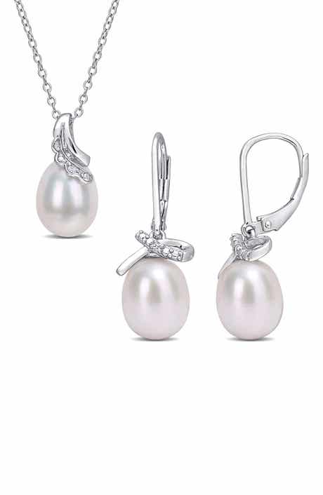 DELMAR Sterling Silver, Diamond, & 7.5-8mm & 8.5-9mm Cultured Freshwater Pearl Earrings & Necklace Set - 0.03 ctw