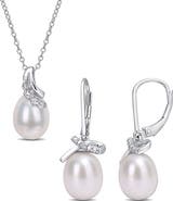 DELMAR Sterling Silver, Diamond, & 7.5-8mm & 8.5-9mm Cultured Freshwater Pearl Earrings & Necklace Set - 0.03 ctw