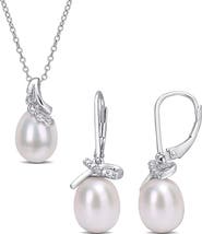 DELMAR Sterling Silver, Diamond, & 7.5-8mm & 8.5-9mm Cultured Freshwater Pearl Earrings & Necklace Set - 0.03 ctw