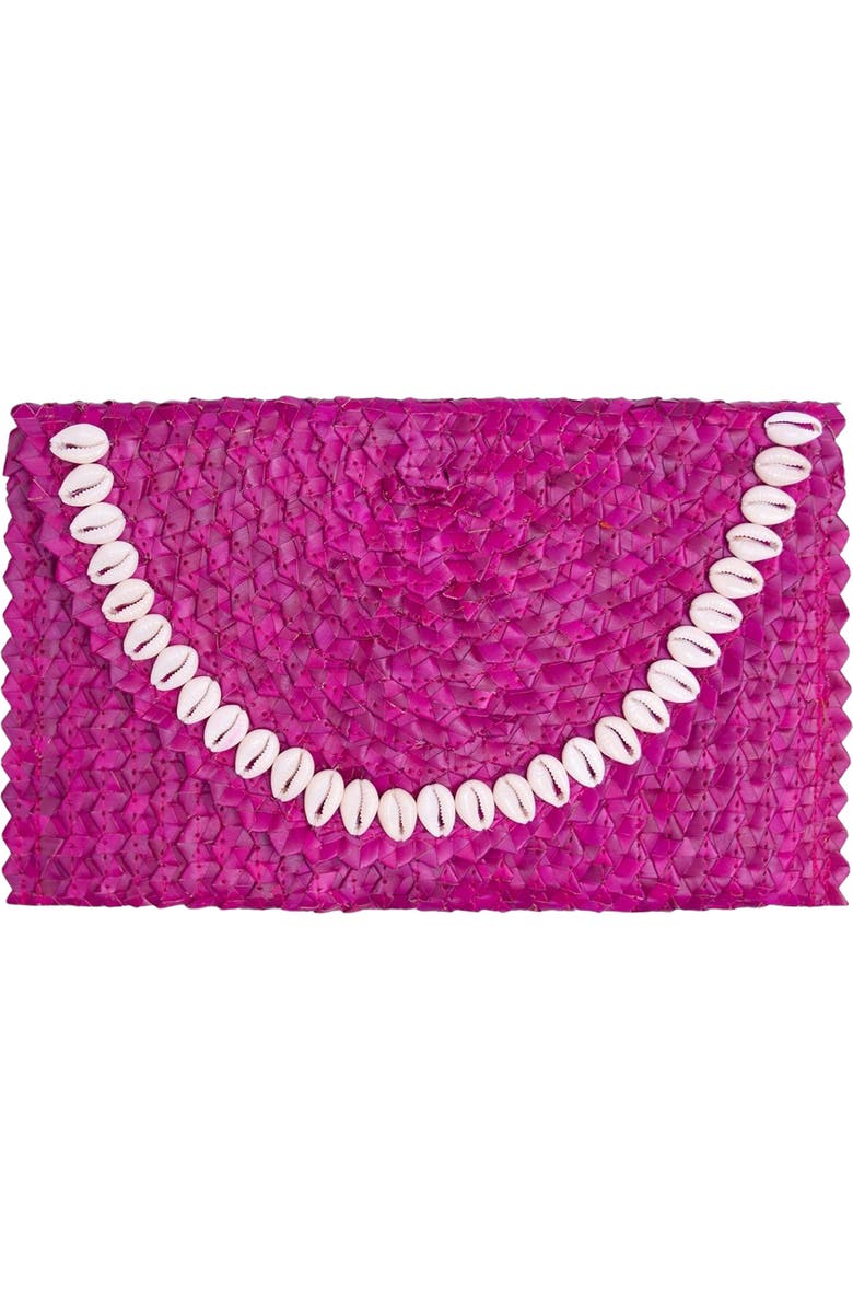 Jelavu Coco Seashell Trim Handwoven Raffia Clutch, Main, color, Fuchsia