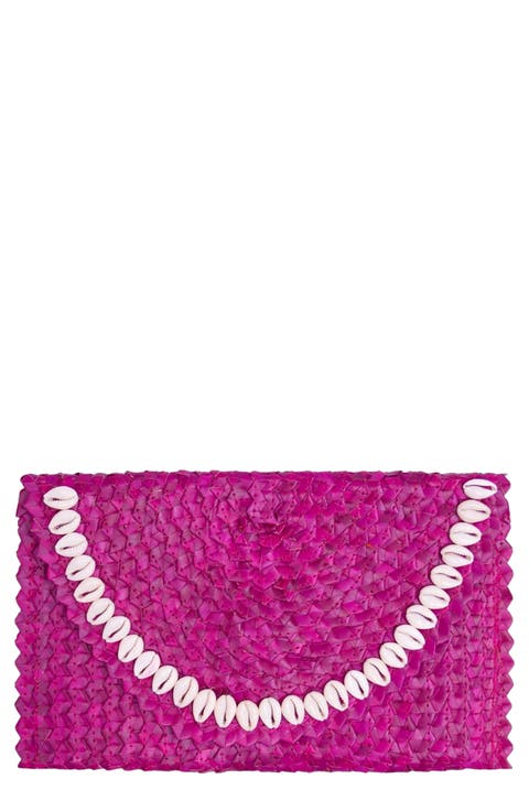 Coco Seashell Trim Handwoven Raffia Clutch