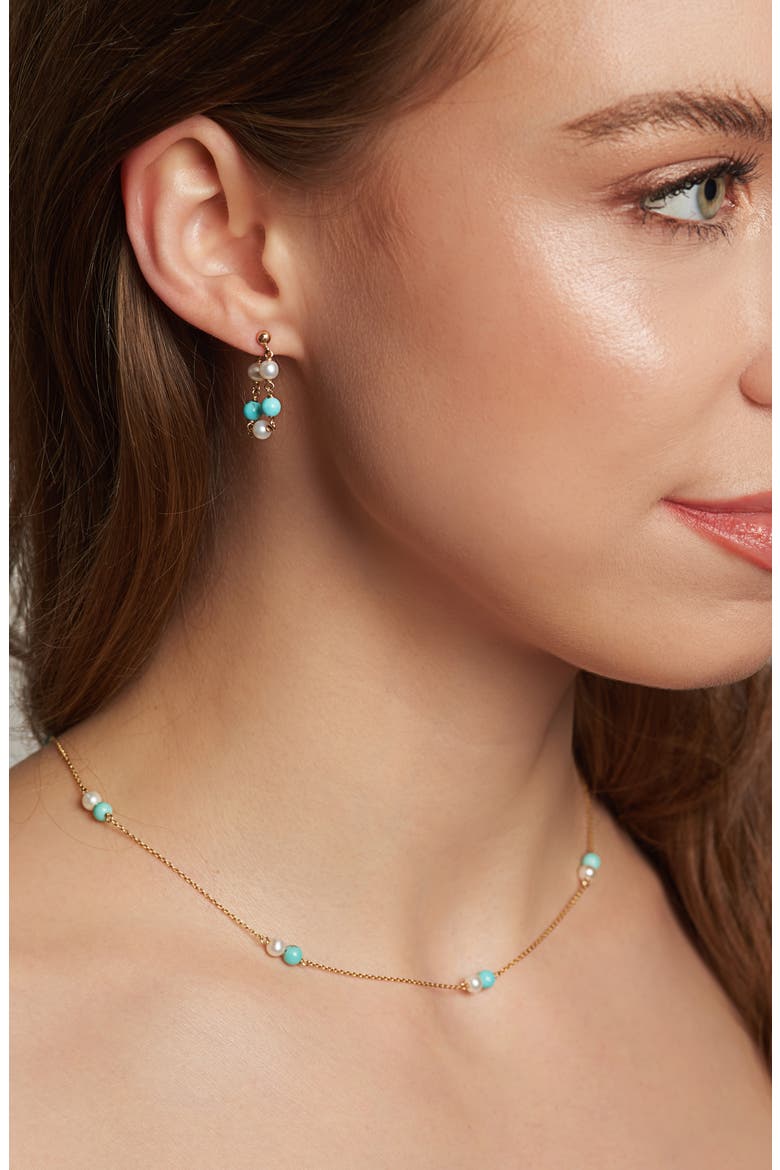 Turquoise & Pearl Wraparound Hoop Earrings, Alternate, color, 14KYG