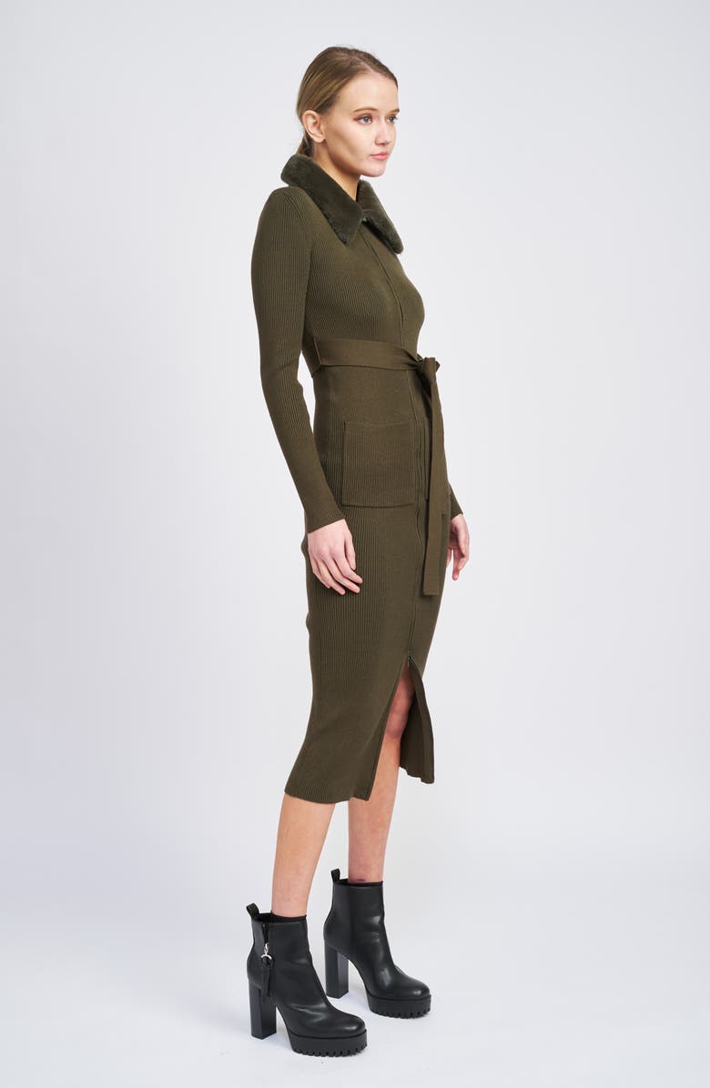 En Saison Long Sleeve Belted Midi Dress with Faux Fur Collar, Alternate, color,