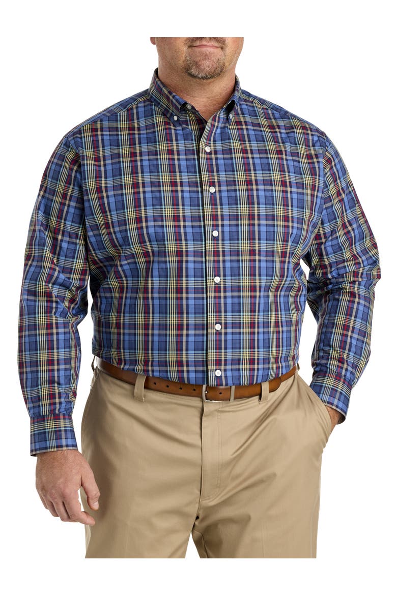 Big & Tall Plaid Performance Sport Shirt, Alternate, color, NAVY