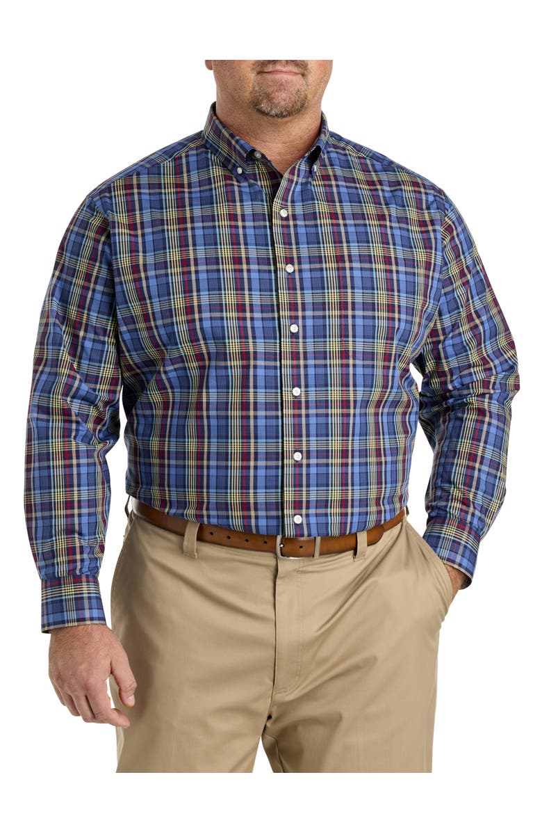 Oak Hill by DXL Big 
Tall Plaid Performance Sport Shirt, Alternate, color, Navy