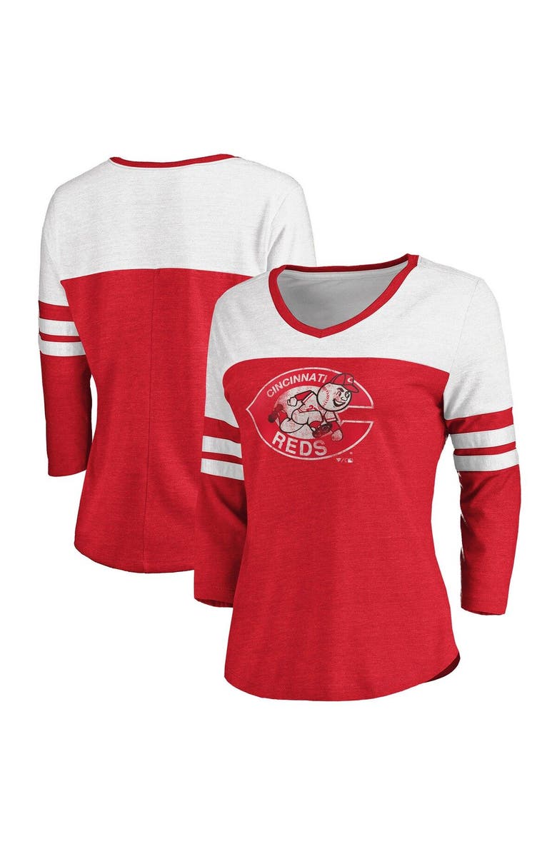 FANATICS Women's Fanatics Branded Heathered Red/White Cincinnati Reds Two-Toned Distressed Cooperstown Collection Tri-Blend 3/4-Sleeve V-Neck T-Shirt, Alternate, color, 