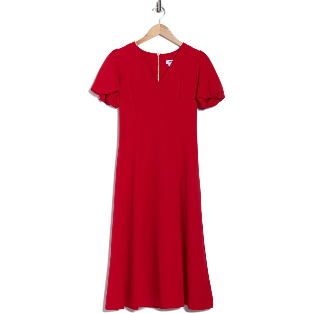 Dkny Puff Sleeve Fit & Flare Midi Dress In Red