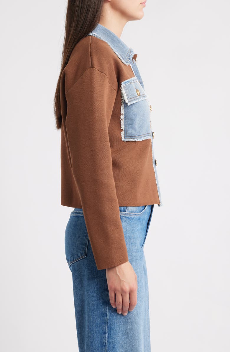 ZOE AND CLAIRE Knit & Denim Trucker Jacket, Alternate, color, Brown/ Denim