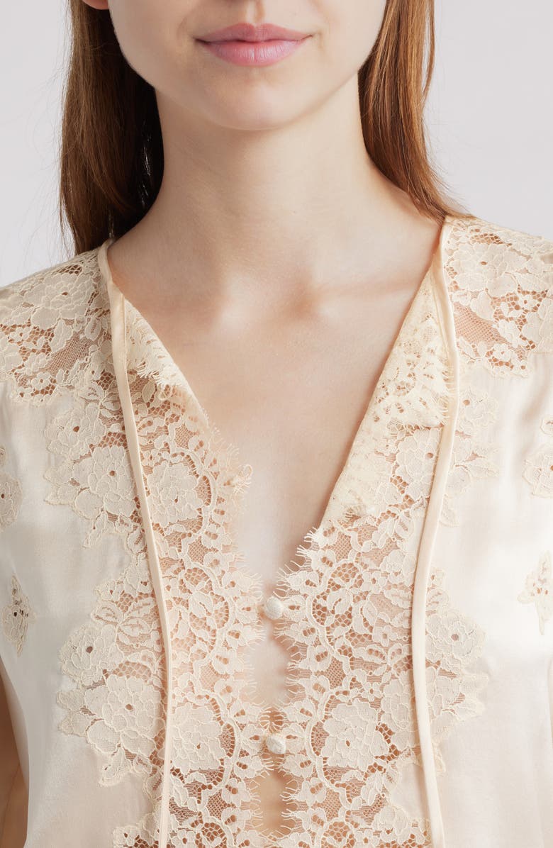 DÔEN Lucine Lace Trim Silk Button-Up Shirt, Alternate, color, Candlelight