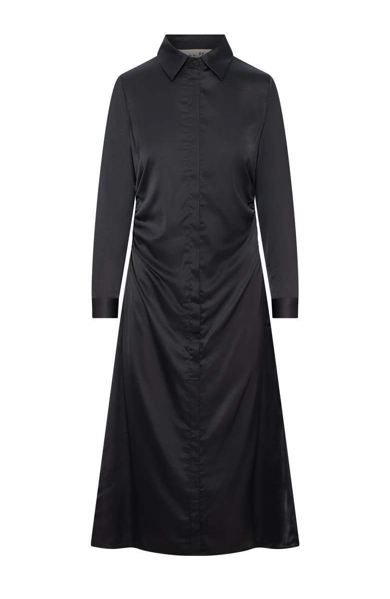 Coco de la Mour Satin Side Gathered Button Front Shirt Dress, Main, color, Black
