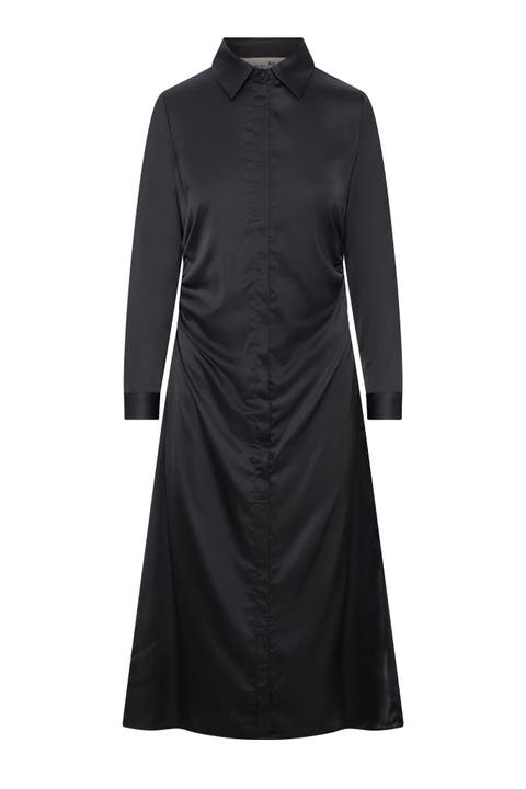 Satin Side Gathered Button Front Shirt Dress