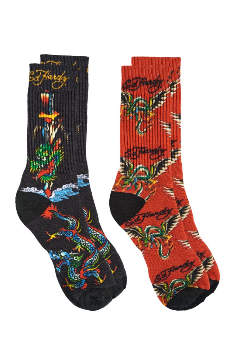 Ed Hardy Dragon 360 Print Full Cushion Crew Sock 2-Pack, Alternate, color, Red