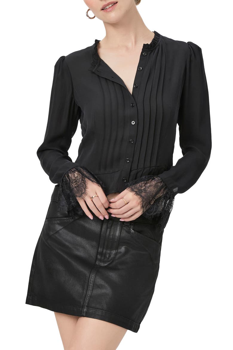 Franca Lace Trim Silk Button-Up Top, Main, color, BLACK