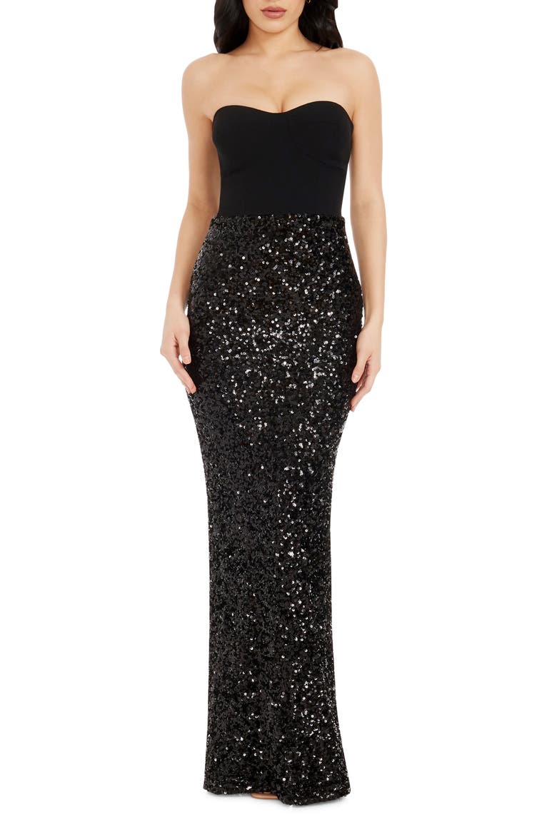 Vada Mixed Media Strapless Gown, Main, color, BLACK
