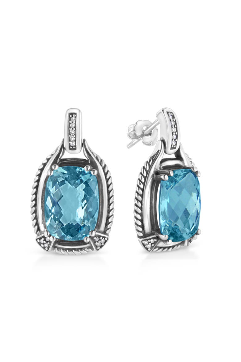 Silver 14x10MM Cushion Blue Topaz Gemstone and Diamond Accent Dangle Earring, Alternate, color, White