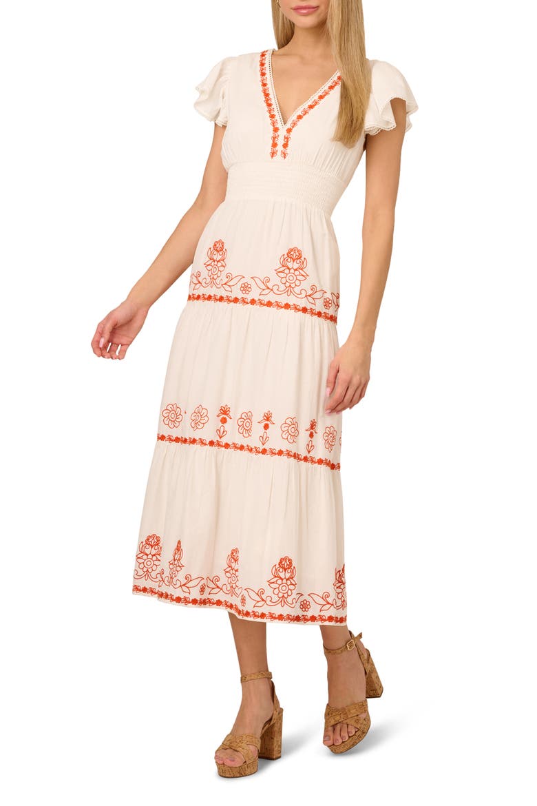 Embroidered Smocked Waist Cotton Maxi Dress, Main, color, IVORY/ RED MULTI