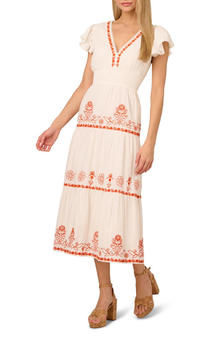 Adrianna Papell Embroidered Smocked Waist Cotton Maxi Dress, Main, color, Ivory/ Red Multi