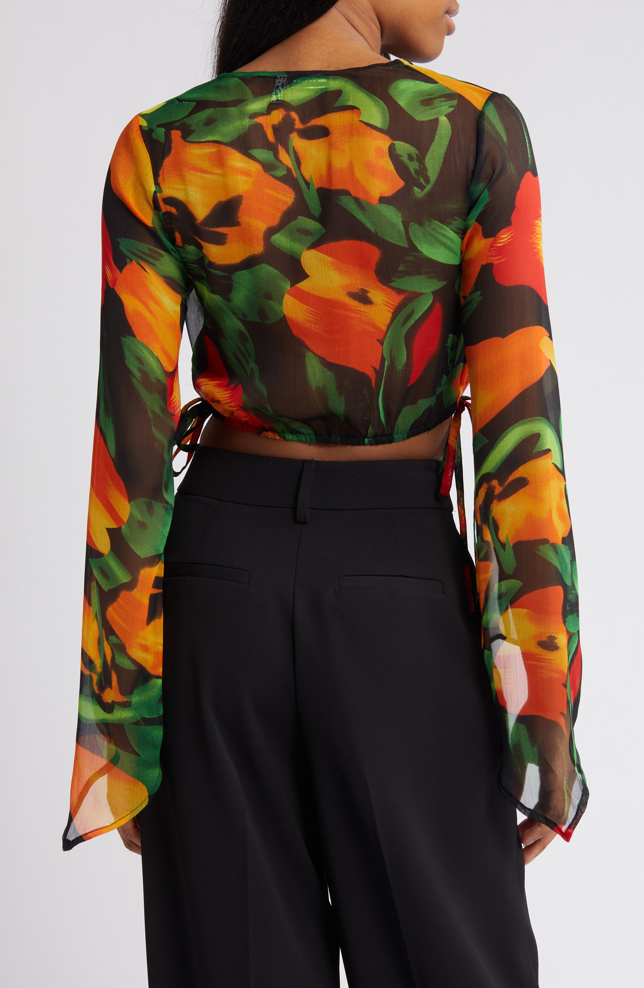 ASOS DESIGN Floral Long Sleeve Chiffon Crop Top (Women) | Nordstromrack