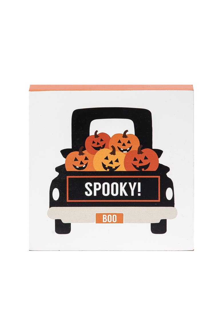 5" Pumpkin "Spooky!" Truck Halloween Shelf Sitter Decoration, Main, color, White