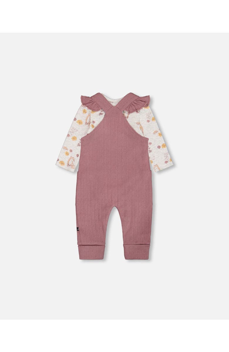 Deux par Deux Baby Girl's Printed Organic Cotton Bodysuit And Pointelle Overall Set Woodrose, Alternate, color, 