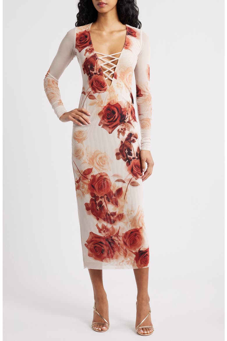 Cambria Print Long Sleeve Mesh Midi Dress, Main, color, SEPIA ROSES
