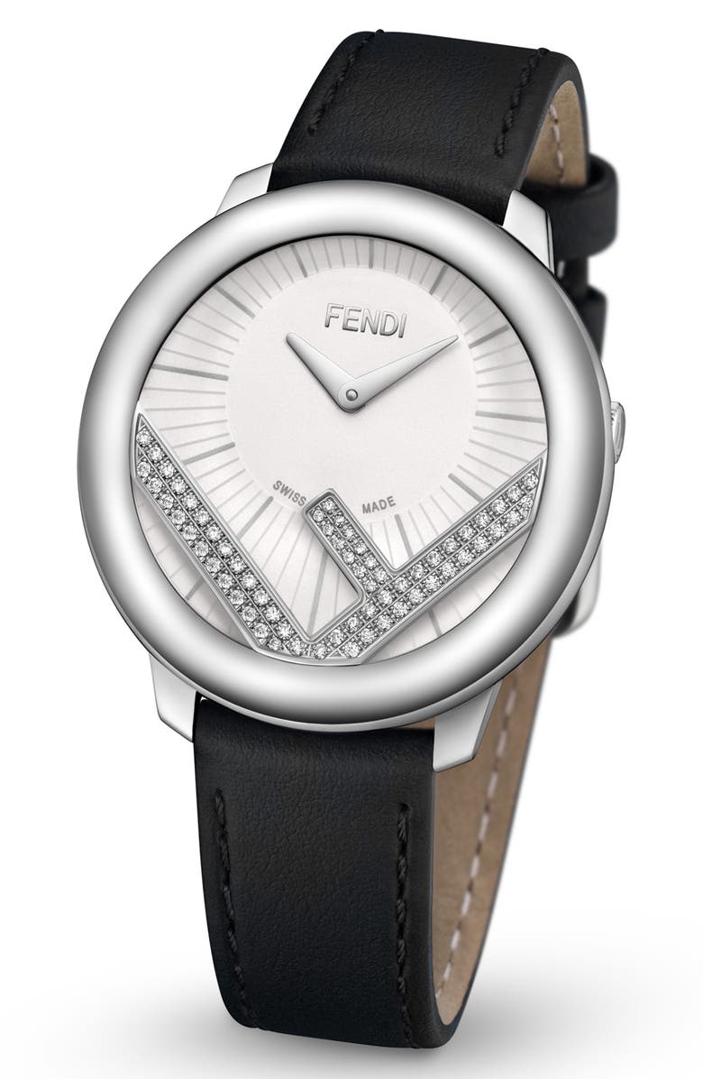 Fendi Run Away Diamond Leather Strap Watch, 36mm, Alternate, color, Black/ White/ Silver