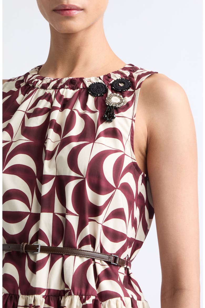 Abstract Geo Print Belted Cotton Midi Dress, Alternate, color, BORDEAUX