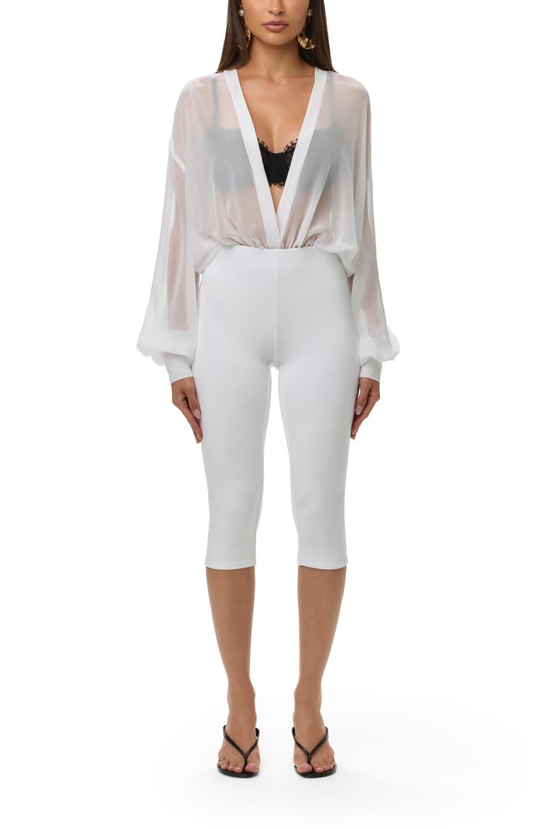 Chiffon V-Neck Blousy Bodysuit, Alternate, color, WHITE