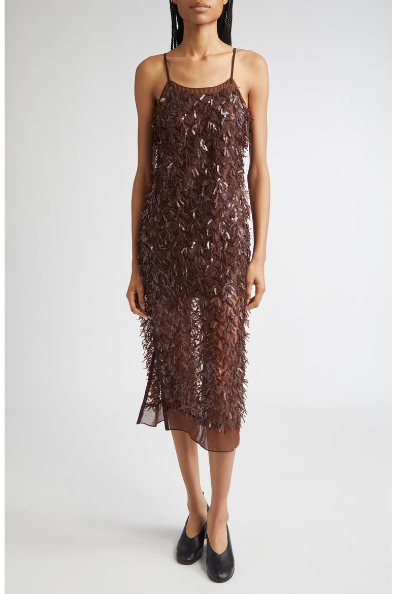 Sequin Fringe Slip Dress, Main, color, CHOCOLATE