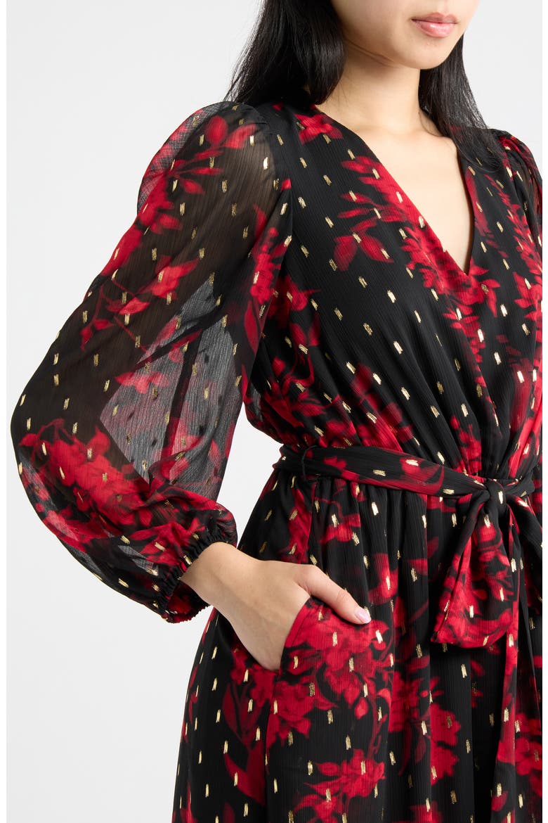 V-Neck Gathered Sleeve Midi Dress, Alternate, color, TITIAN RED MULTI