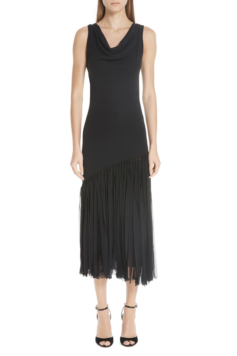 Tulle Fringe Midi Dress, Main, color, NERO